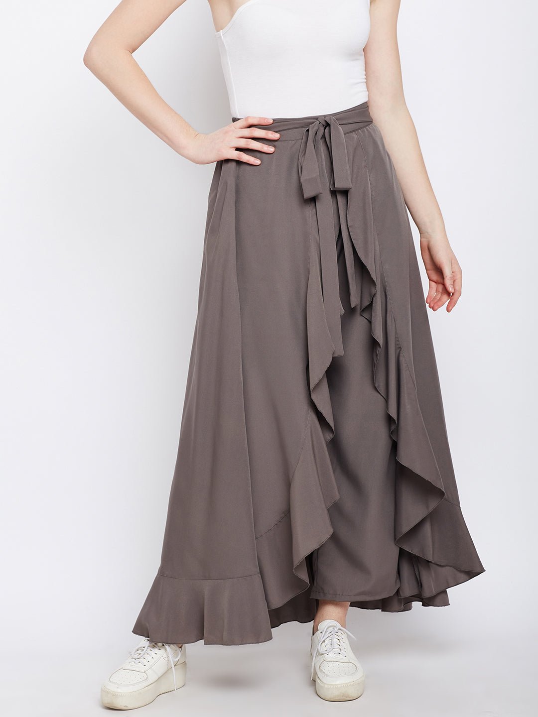 Folk Republic Women Solid Grey Waist Tie-Up Ruffled Maxi Skirt with Attached Trousers - #folk republic#