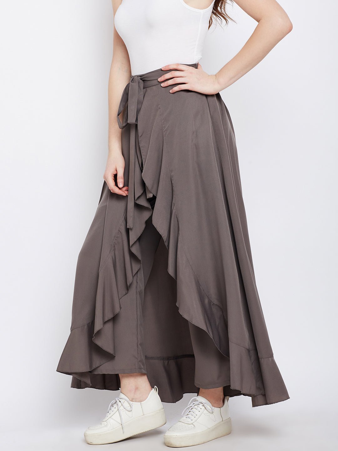 Folk Republic Women Solid Grey Waist Tie-Up Ruffled Maxi Skirt with Attached Trousers - #folk republic#