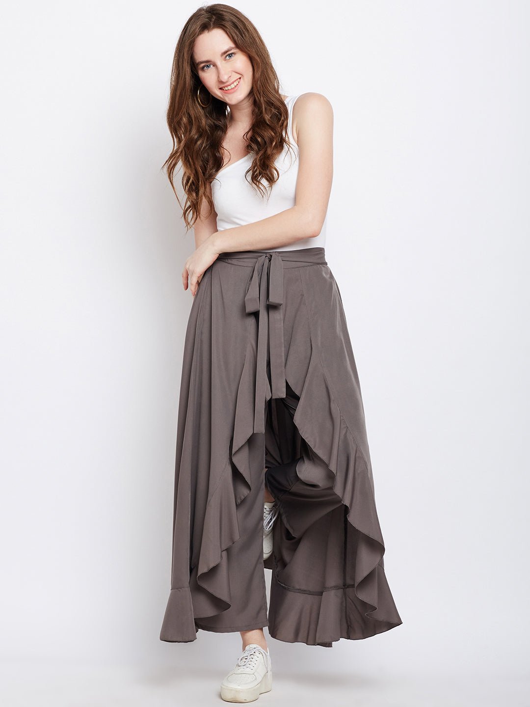Folk Republic Women Solid Grey Waist Tie-Up Ruffled Maxi Skirt with Attached Trousers - #folk republic#