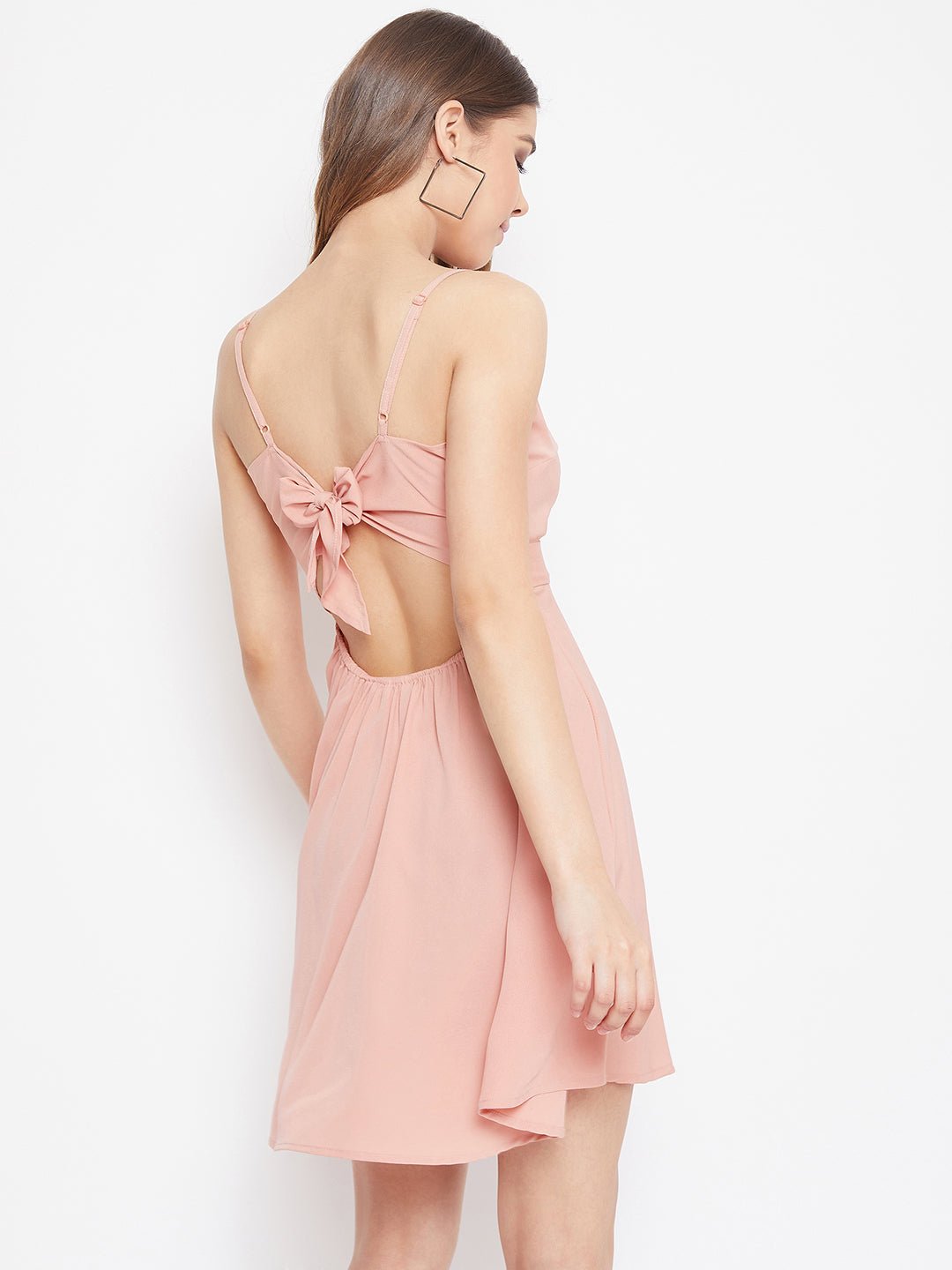 Folk Republic Women Solid Light Pink V-Neck Front Twisted Knot Fit & Flare Mini Dress - #folk republic#