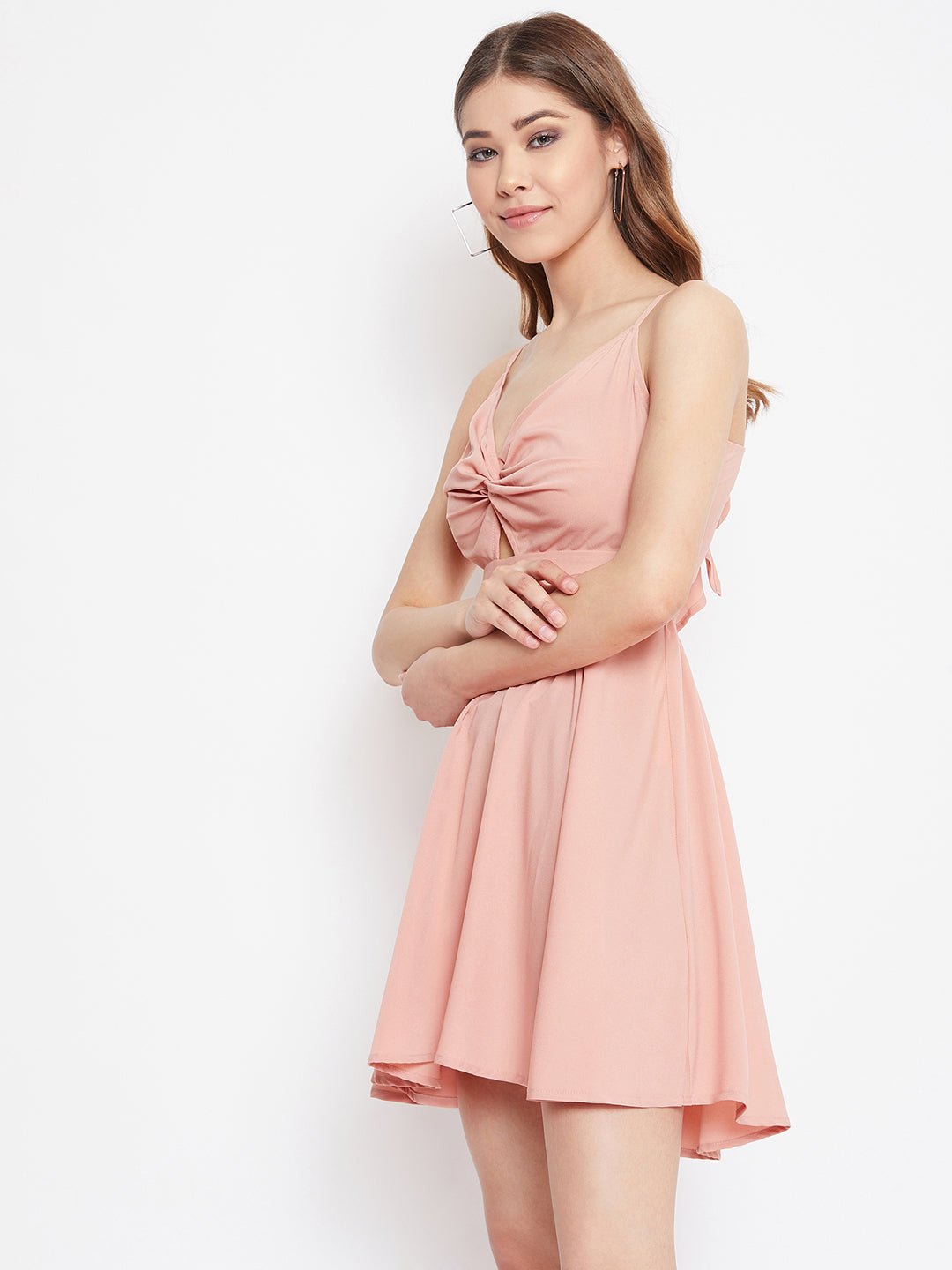 Folk Republic Women Solid Light Pink V-Neck Front Twisted Knot Fit & Flare Mini Dress - #folk republic#