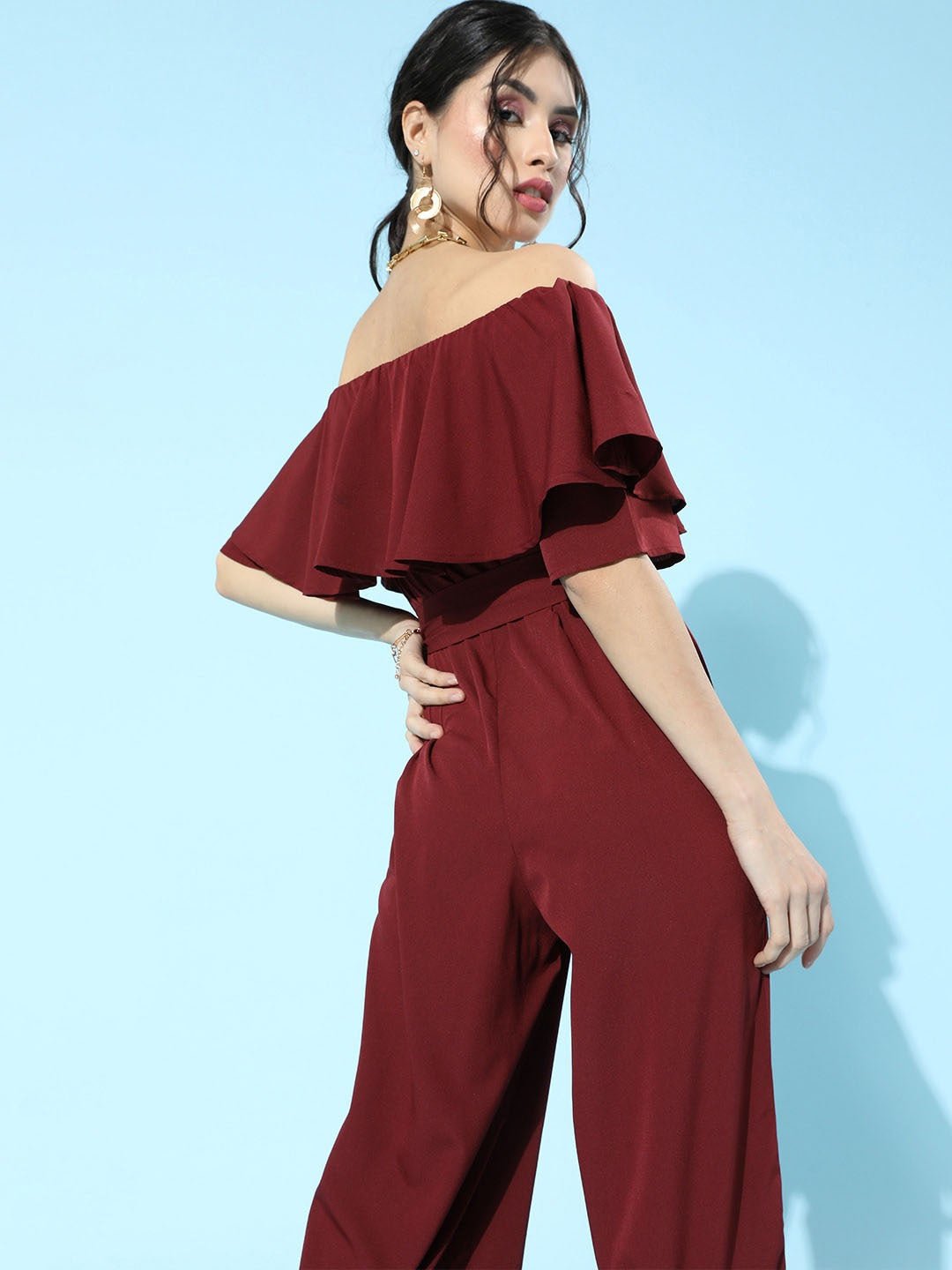 Folk Republic Women Solid Maroon Off Shoulder Culotte Jumpsuit - #folk republic#