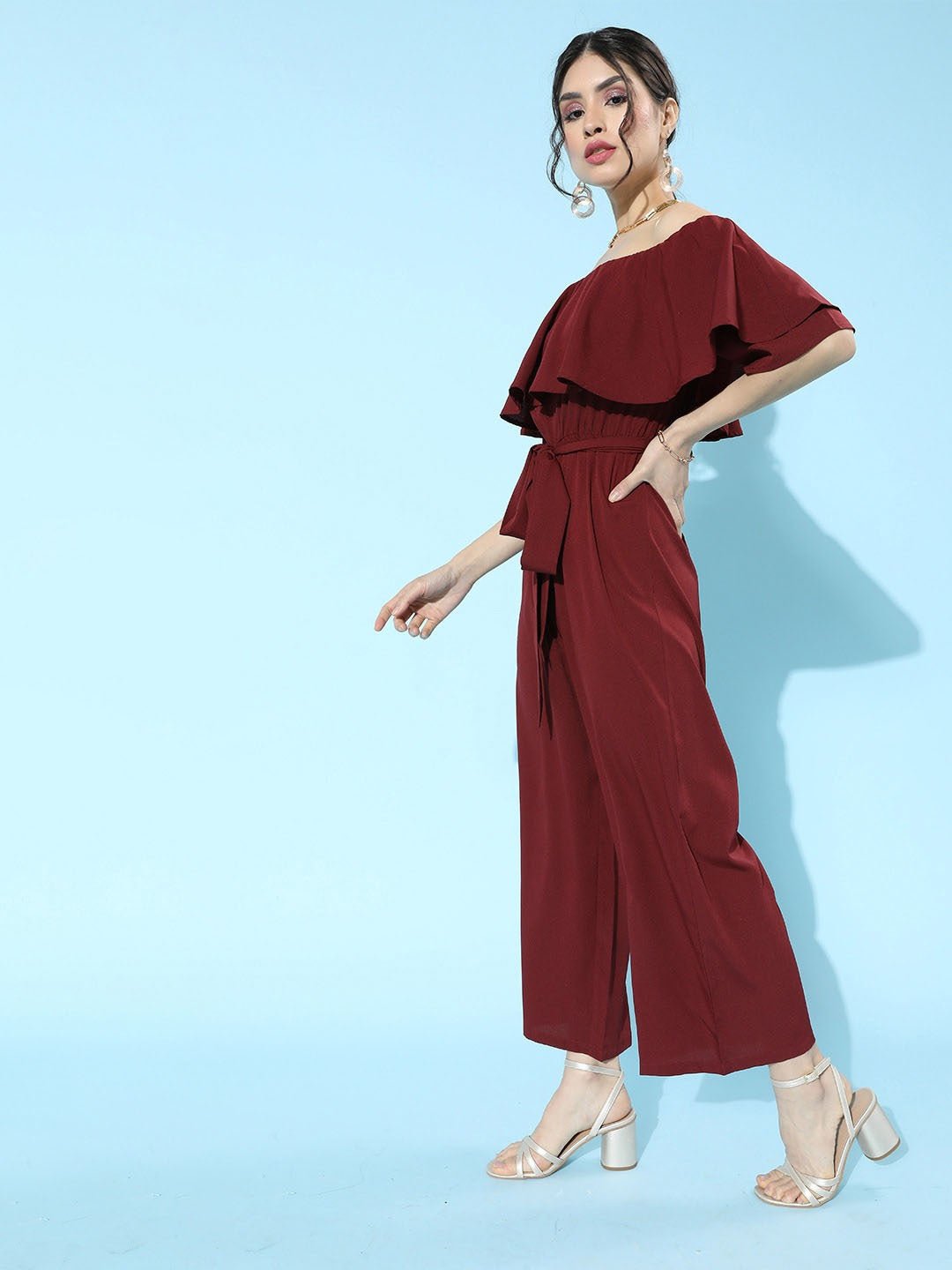 Folk Republic Women Solid Maroon Off Shoulder Culotte Jumpsuit - #folk republic#