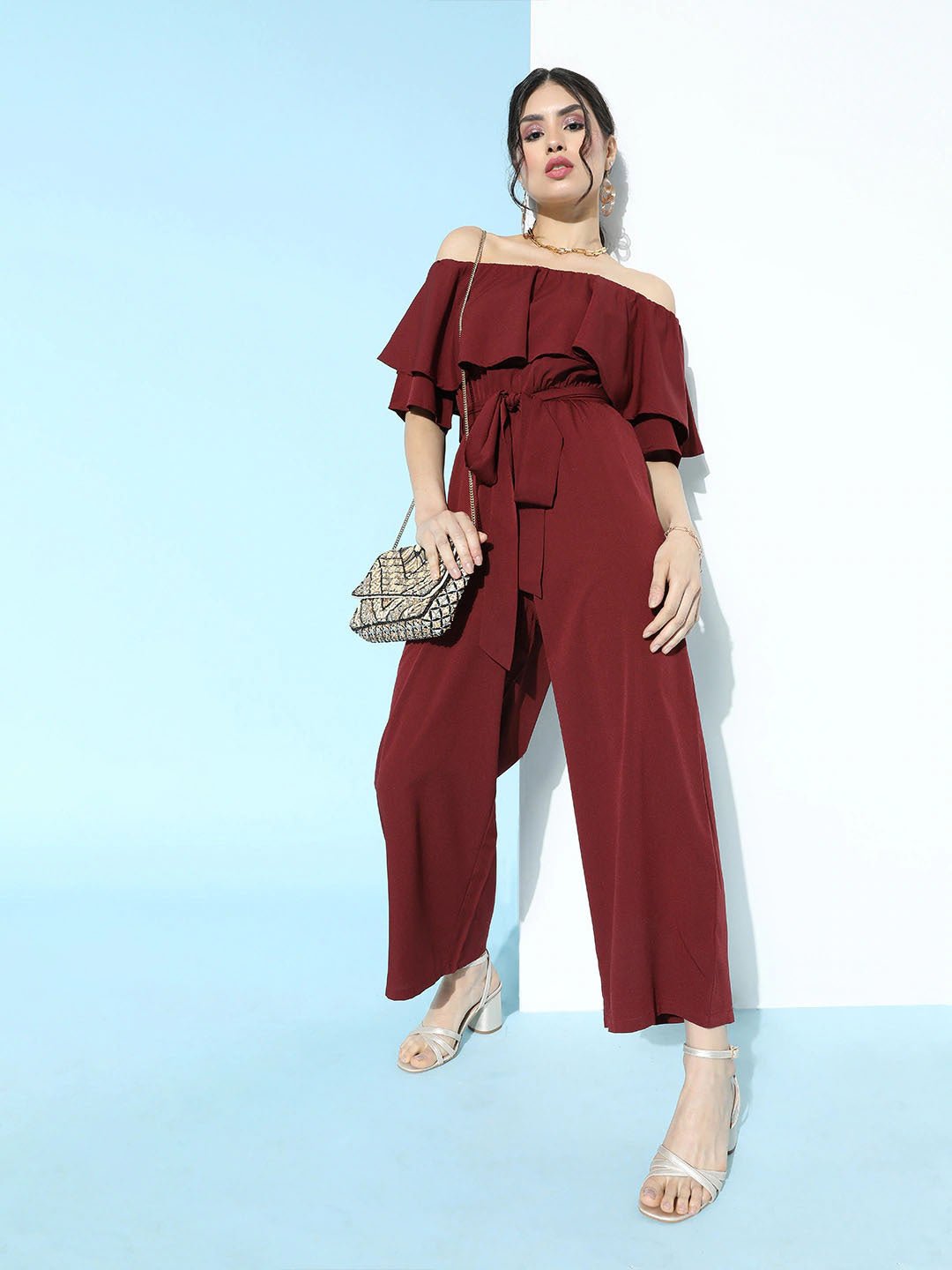 Folk Republic Women Solid Maroon Off Shoulder Culotte Jumpsuit - #folk republic#