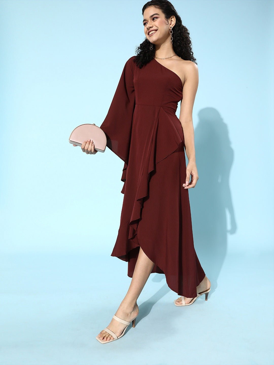 Folk Republic Women Solid Maroon One-Shoulder A-Line Asymmetrical Maxi Dress - #folk republic#