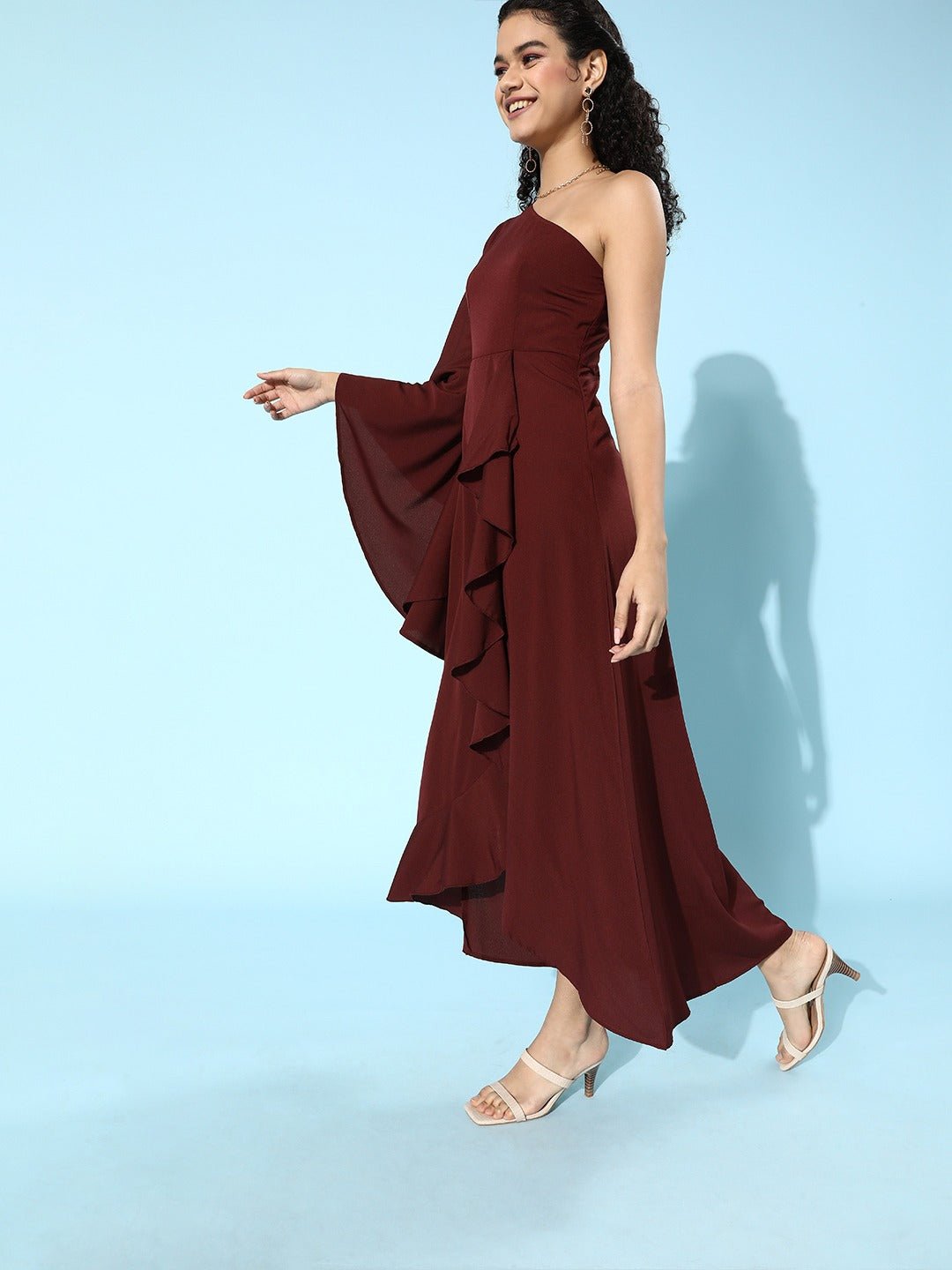 Folk Republic Women Solid Maroon One-Shoulder A-Line Asymmetrical Maxi Dress - #folk republic#