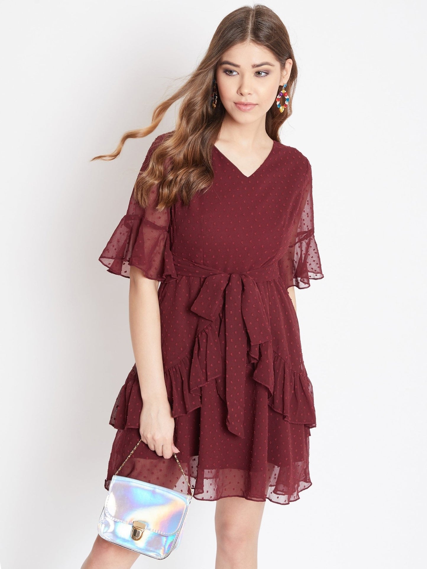 Folk Republic Women Solid Maroon Self-Design Patterned V-Neck Layered Fit & Flare Mini Dress - #folk republic#