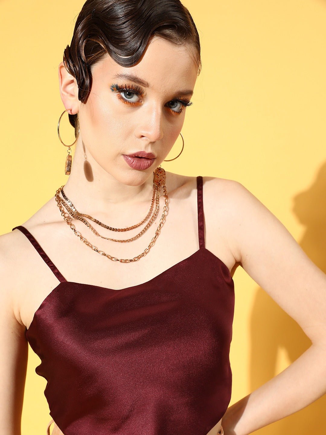 Folk Republic Women Solid Maroon Square Neck Satin Cropped Top - #folk republic#