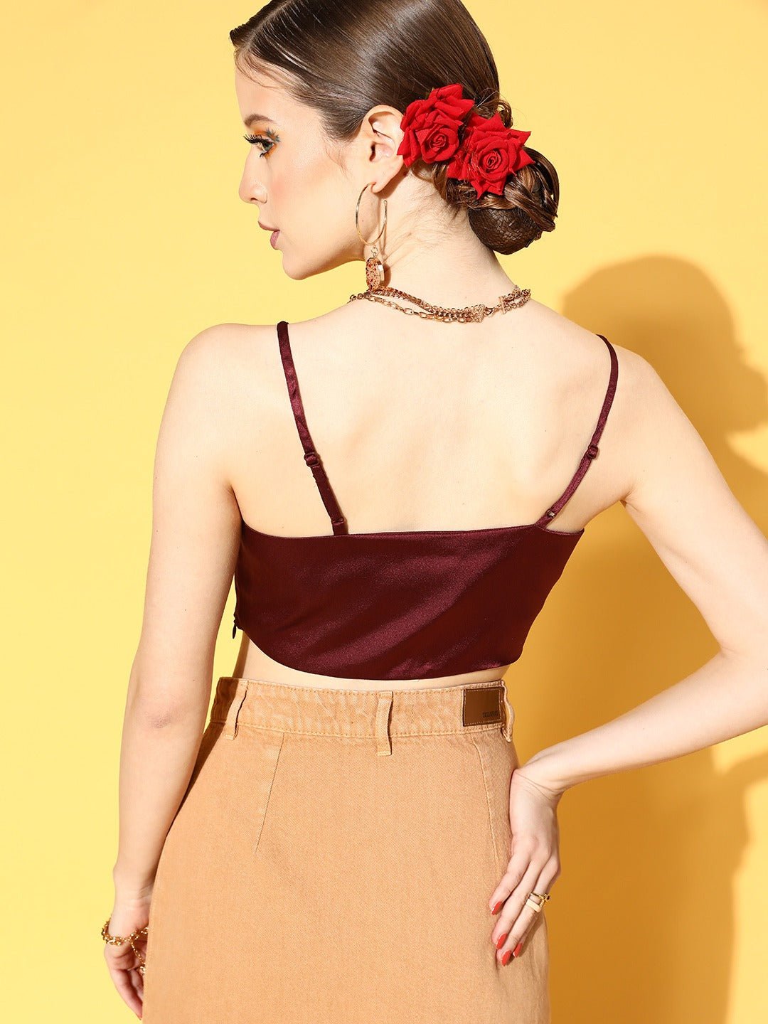 Folk Republic Women Solid Maroon Square Neck Satin Cropped Top - #folk republic#