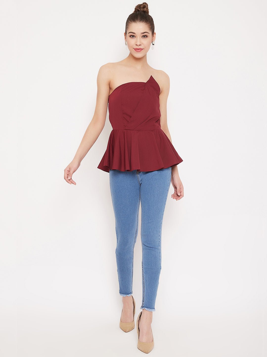 Folk Republic Women Solid Maroon Strapless Neck Sleeveless Crepe Peplum Top - #folk republic#