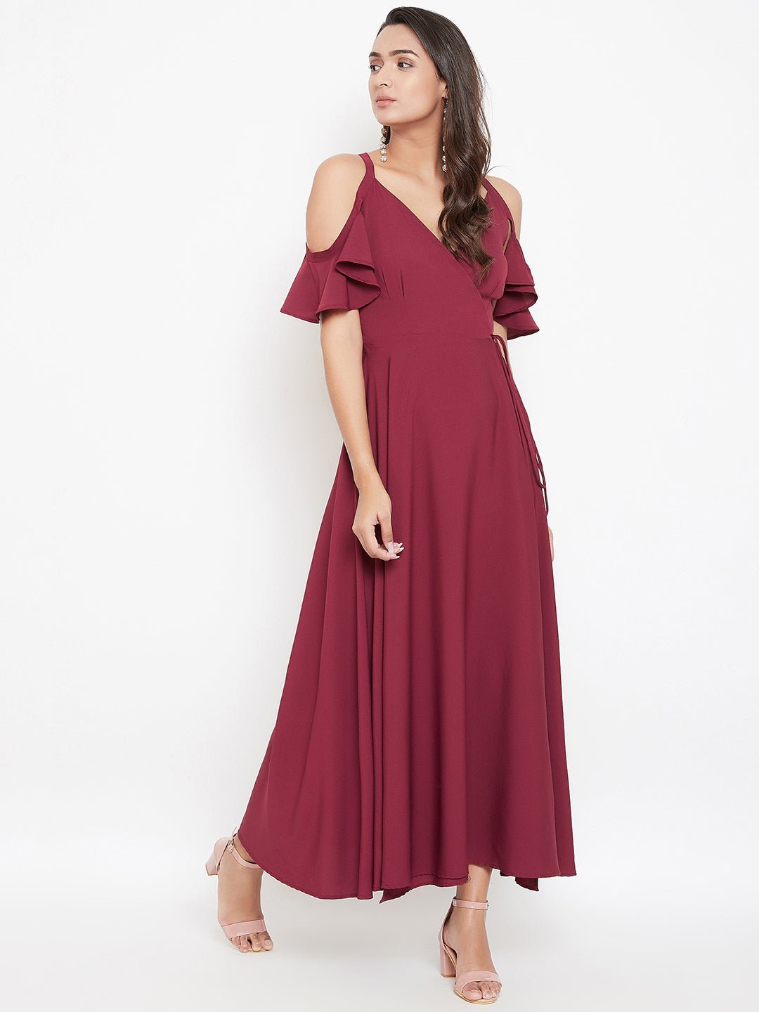 Folk Republic Women Solid Maroon V-Neck Cold-Shoulder Maxi Dress - #folk republic#