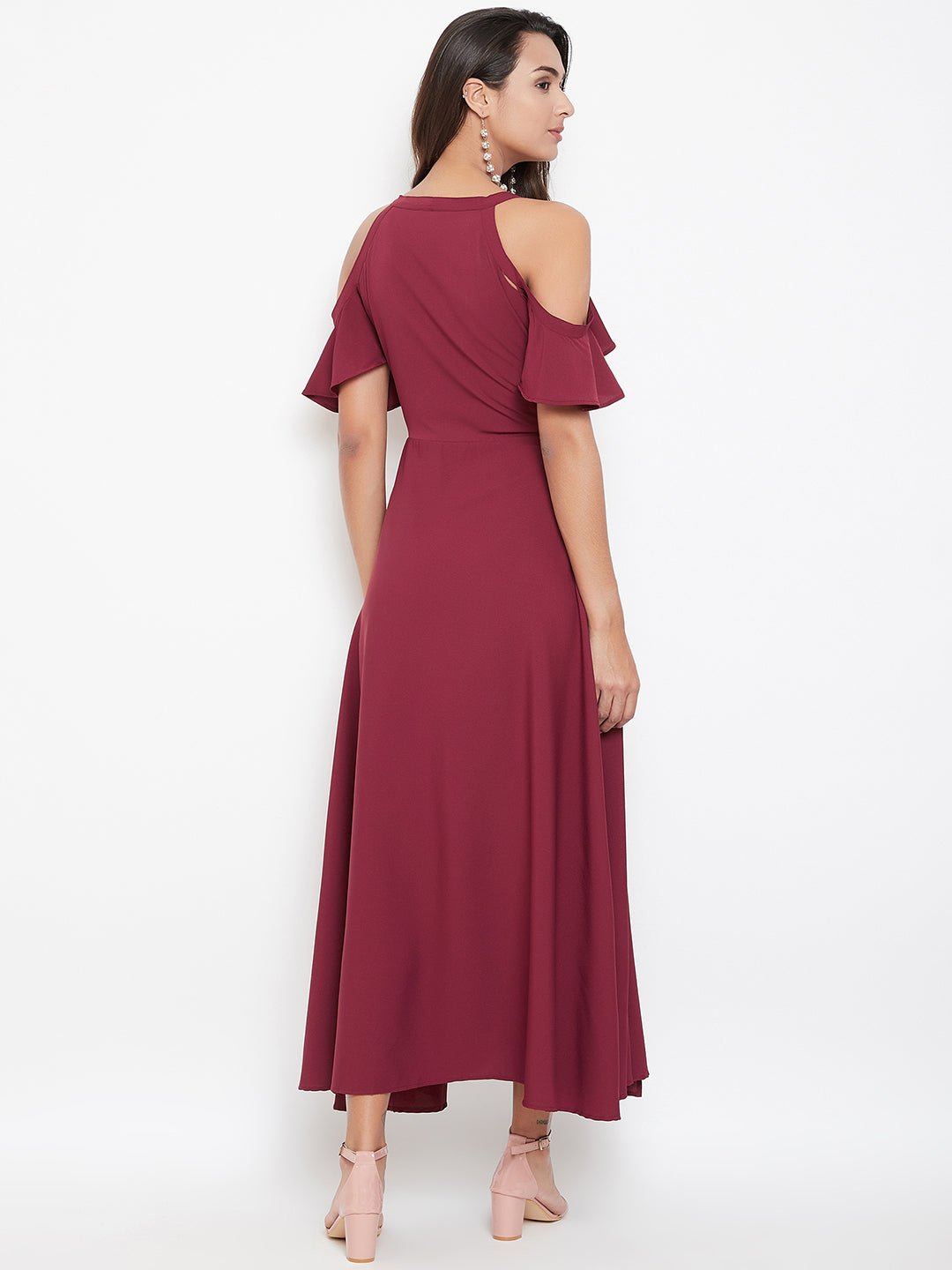 Folk Republic Women Solid Maroon V-Neck Cold-Shoulder Maxi Dress - #folk republic#
