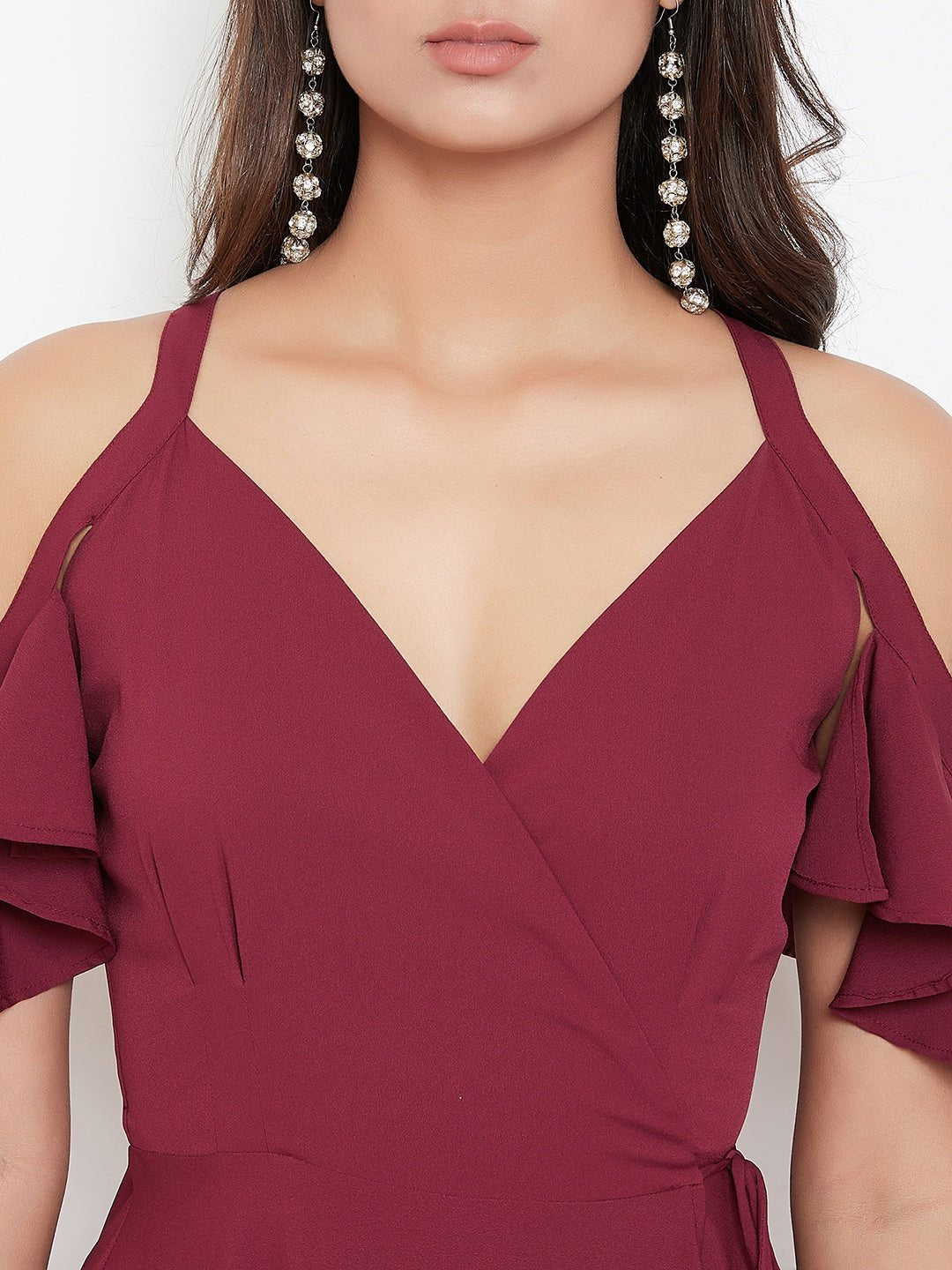 Folk Republic Women Solid Maroon V-Neck Cold-Shoulder Maxi Dress - #folk republic#