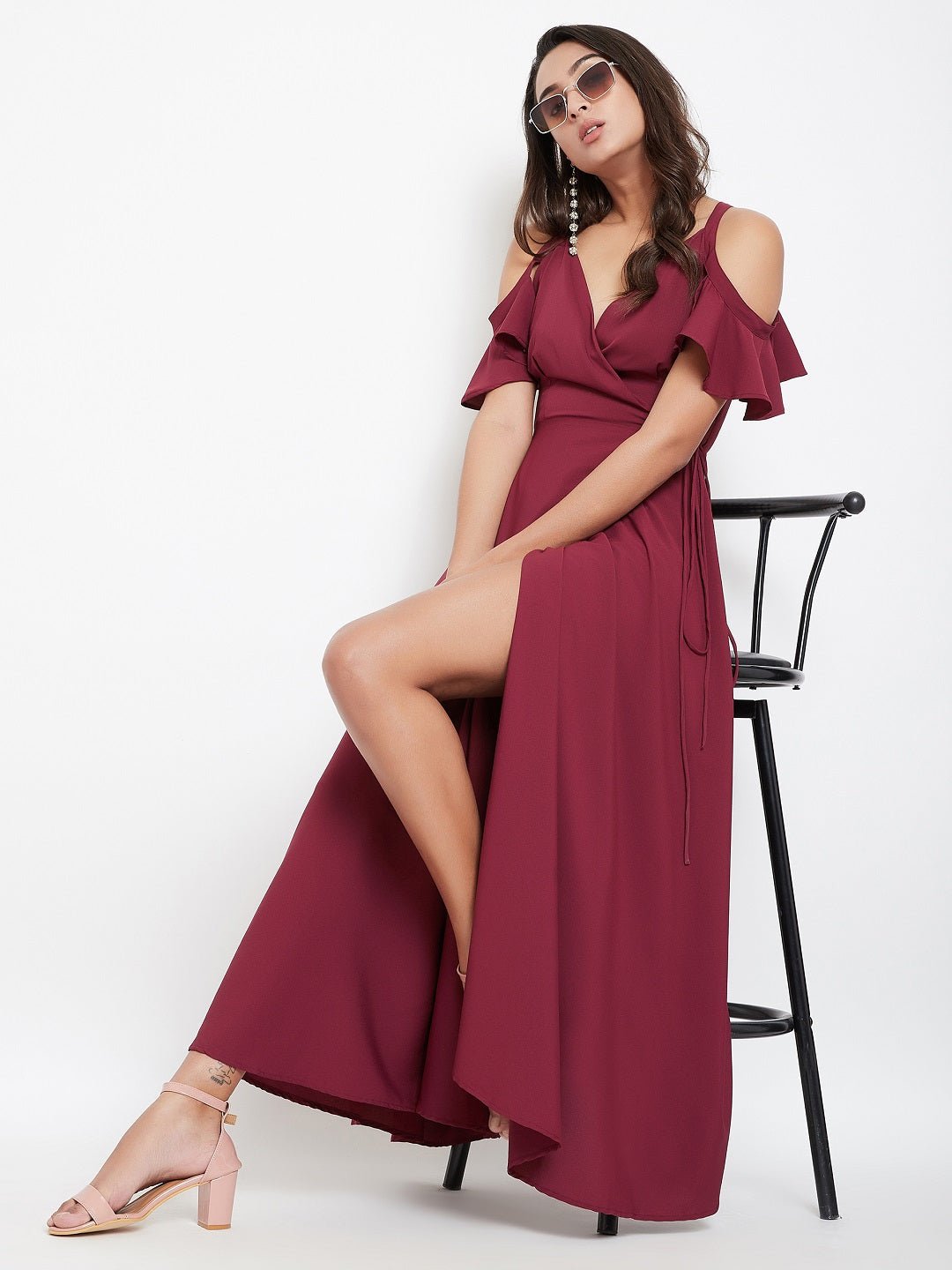 Folk Republic Women Solid Maroon V-Neck Cold-Shoulder Maxi Dress - #folk republic#