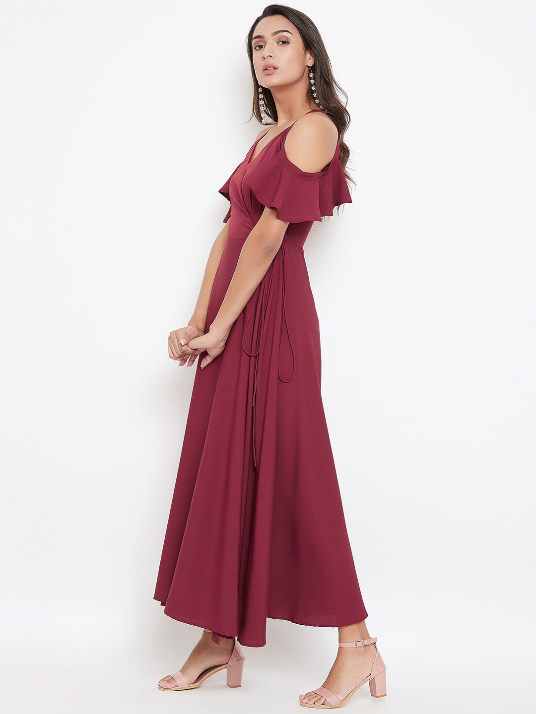 Folk Republic Women Solid Maroon V-Neck Cold-Shoulder Maxi Dress - #folk republic#