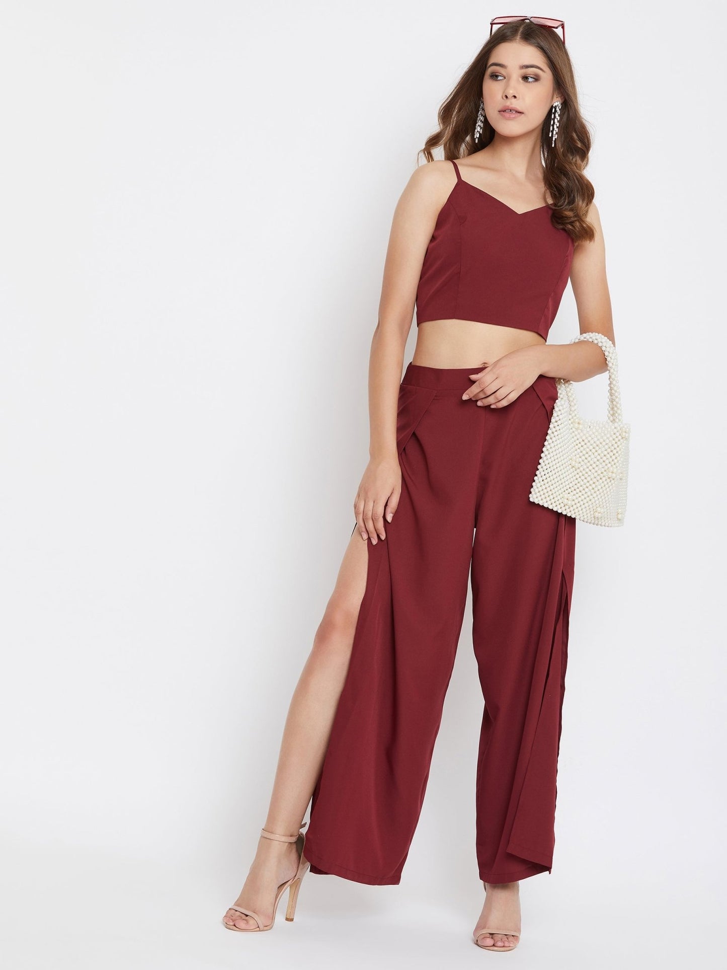Folk Republic Women Solid Maroon V-Neck Crop Top and Trousers Set - #folk republic#