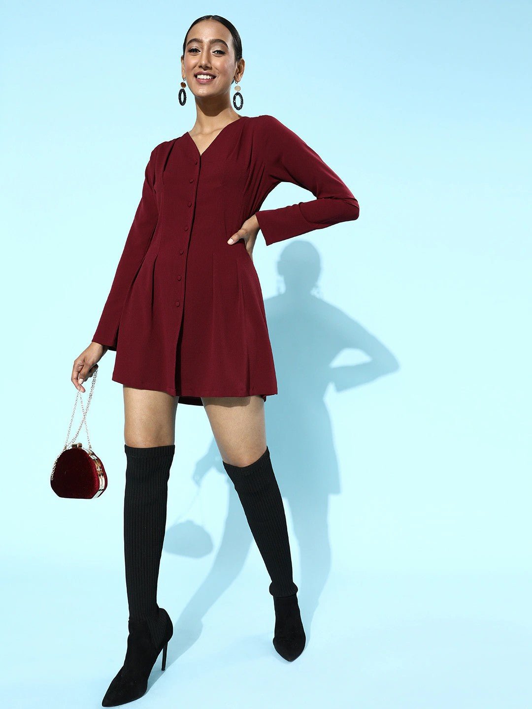 Folk Republic Women Solid Maroon V-Neck Front Button-Up Flared Mini Shirt Dress - #folk republic#