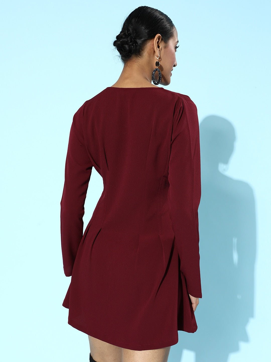 Folk Republic Women Solid Maroon V-Neck Front Button-Up Flared Mini Shirt Dress - #folk republic#