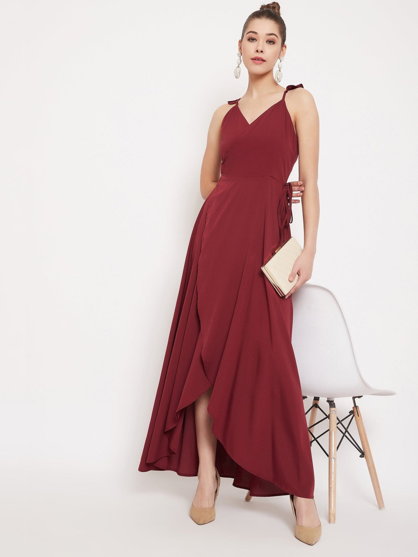 Folk Republic Women Solid Maroon V-Neck Thigh-High Slit Tulip Hem Wrap Maxi Dress - #folk republic#