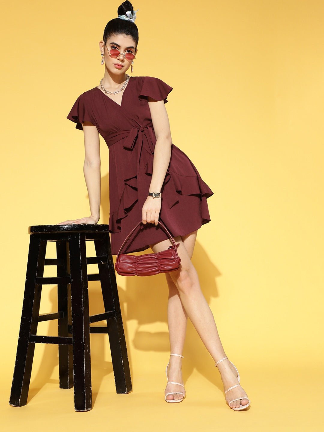 Folk Republic Women Solid Maroon V-Neck Waist Tie-Up Crepe Ruffled Fit & Flare Wrap Mini Dress - #folk republic#