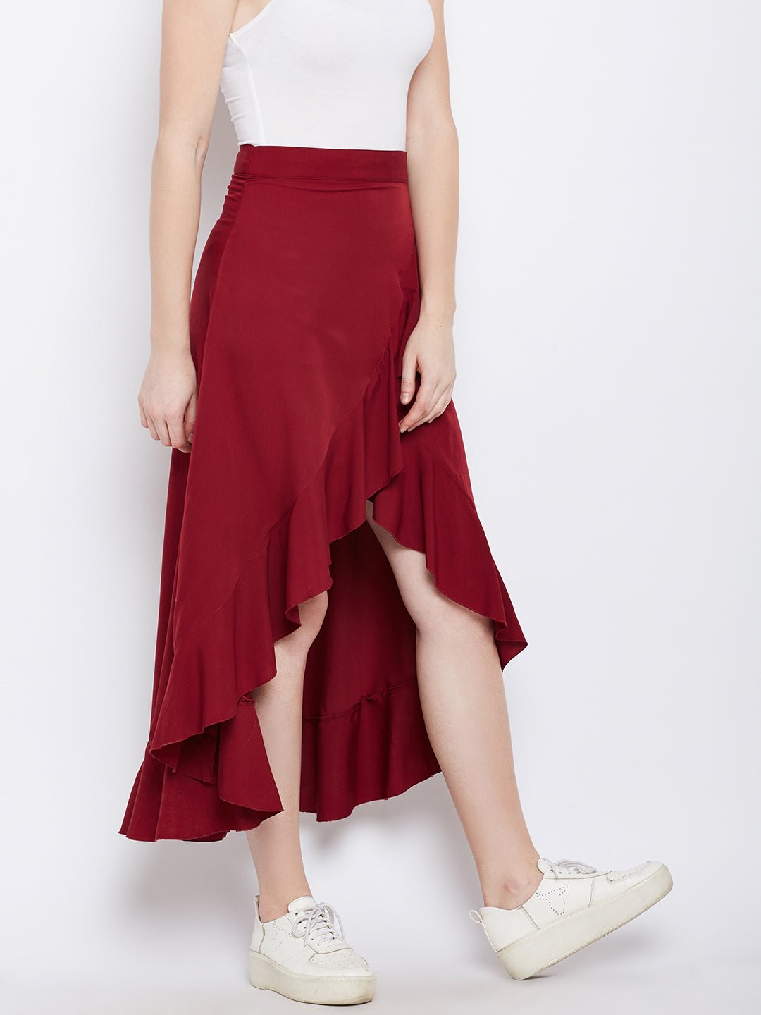 Folk Republic Women Solid Maroon Waist Tie-Up Ruffled High-Low Wrap Maxi Skirt - #folk republic#