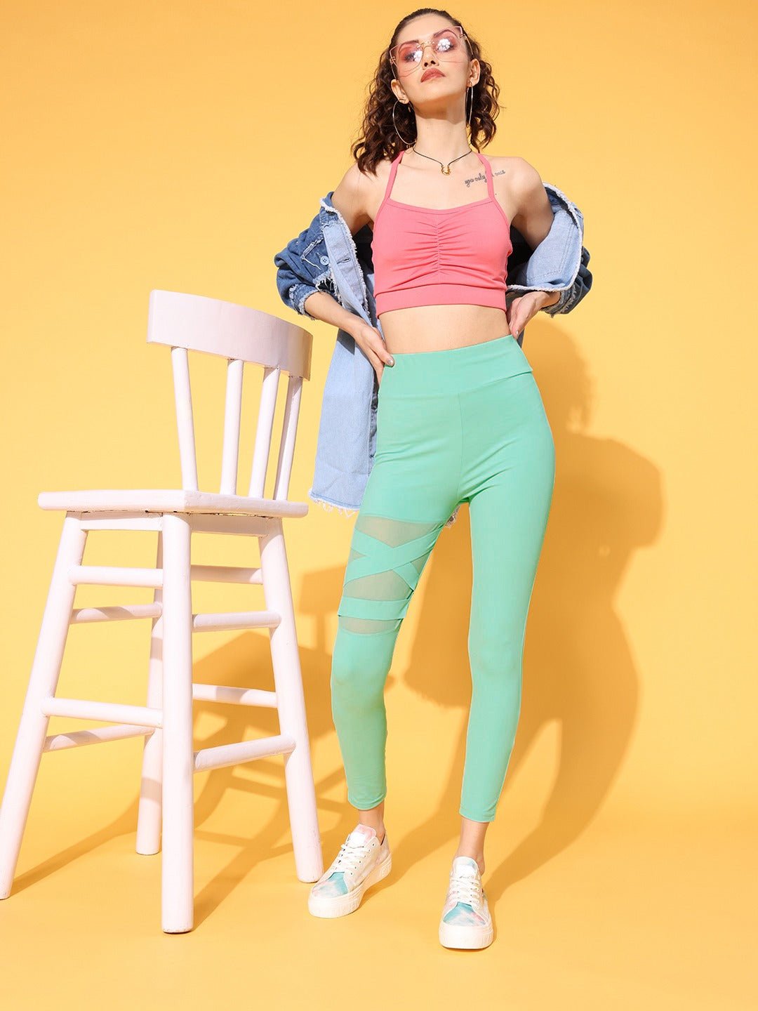 Folk Republic Women Solid Mint Green Super Stretchy & High Waisted Criss-Cross Mesh Sports Tights - #folk republic#