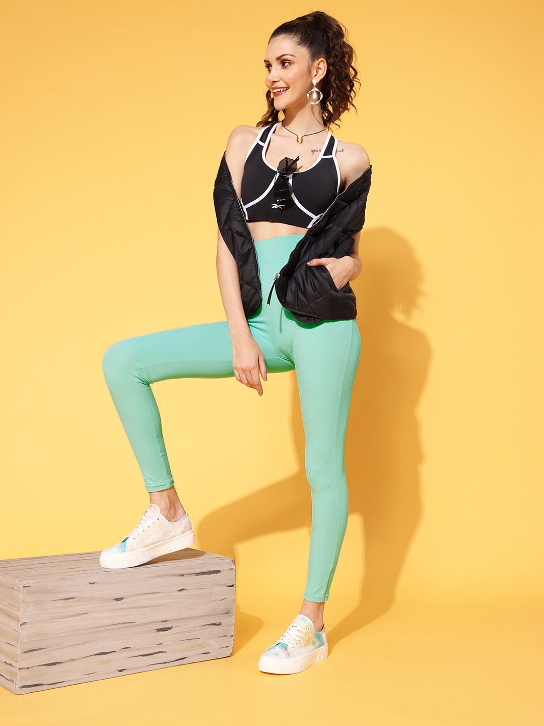 Folk Republic Women Solid Mint Green Super Stretchy & High Waisted Sports Tights - #folk republic#