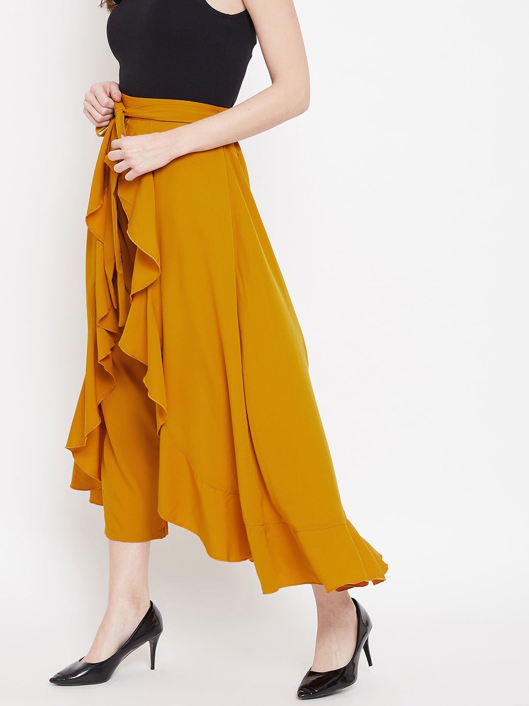 Folk Republic Women Solid Mustard Yellow Waist Tie-Up High-Low Flared Maxi Skirt with Attached Trousers - #folk republic#
