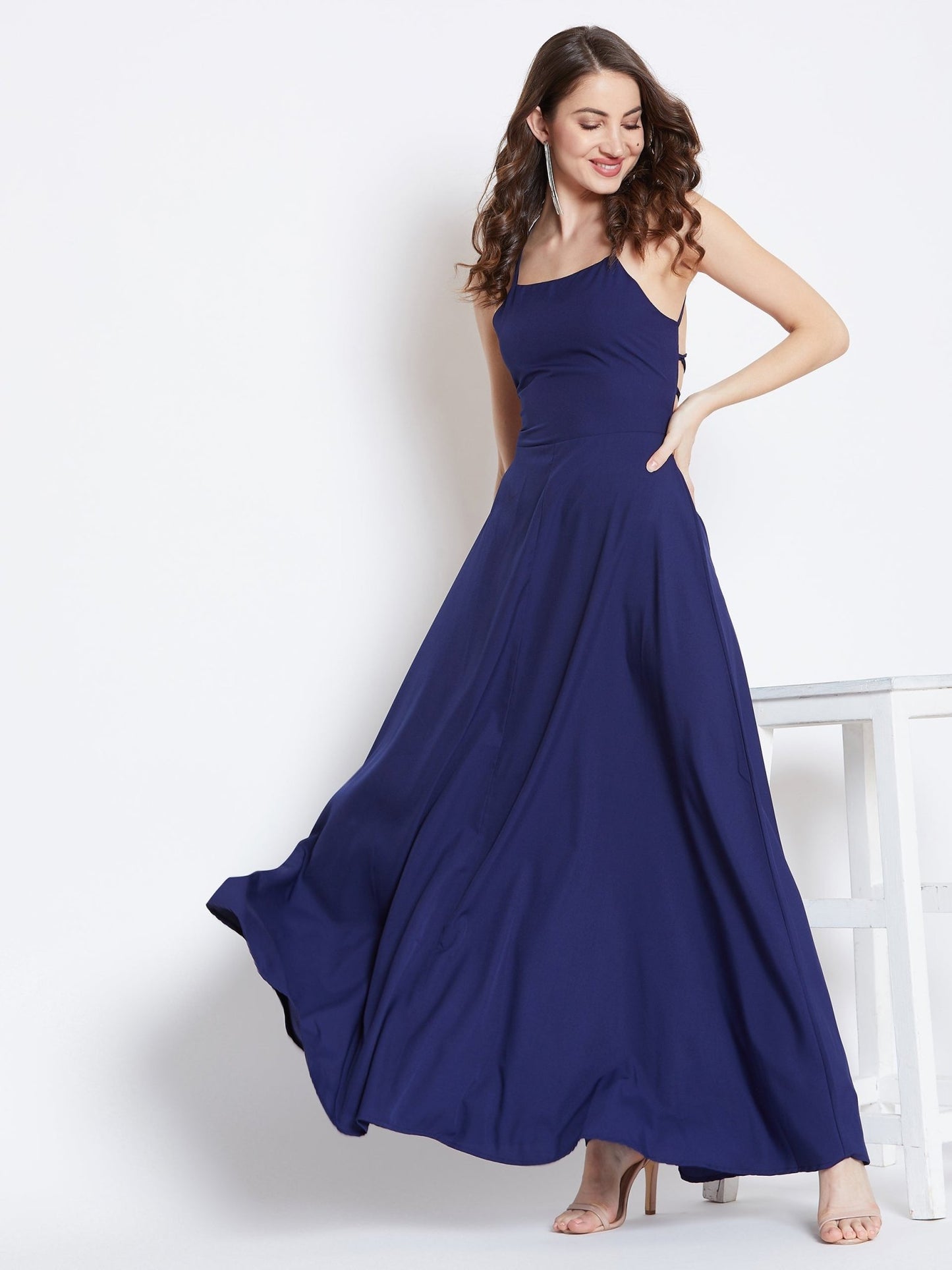 Folk Republic Women Solid Navy Blue Halter Neck Caged Back Flared Maxi Dress - #folk republic#