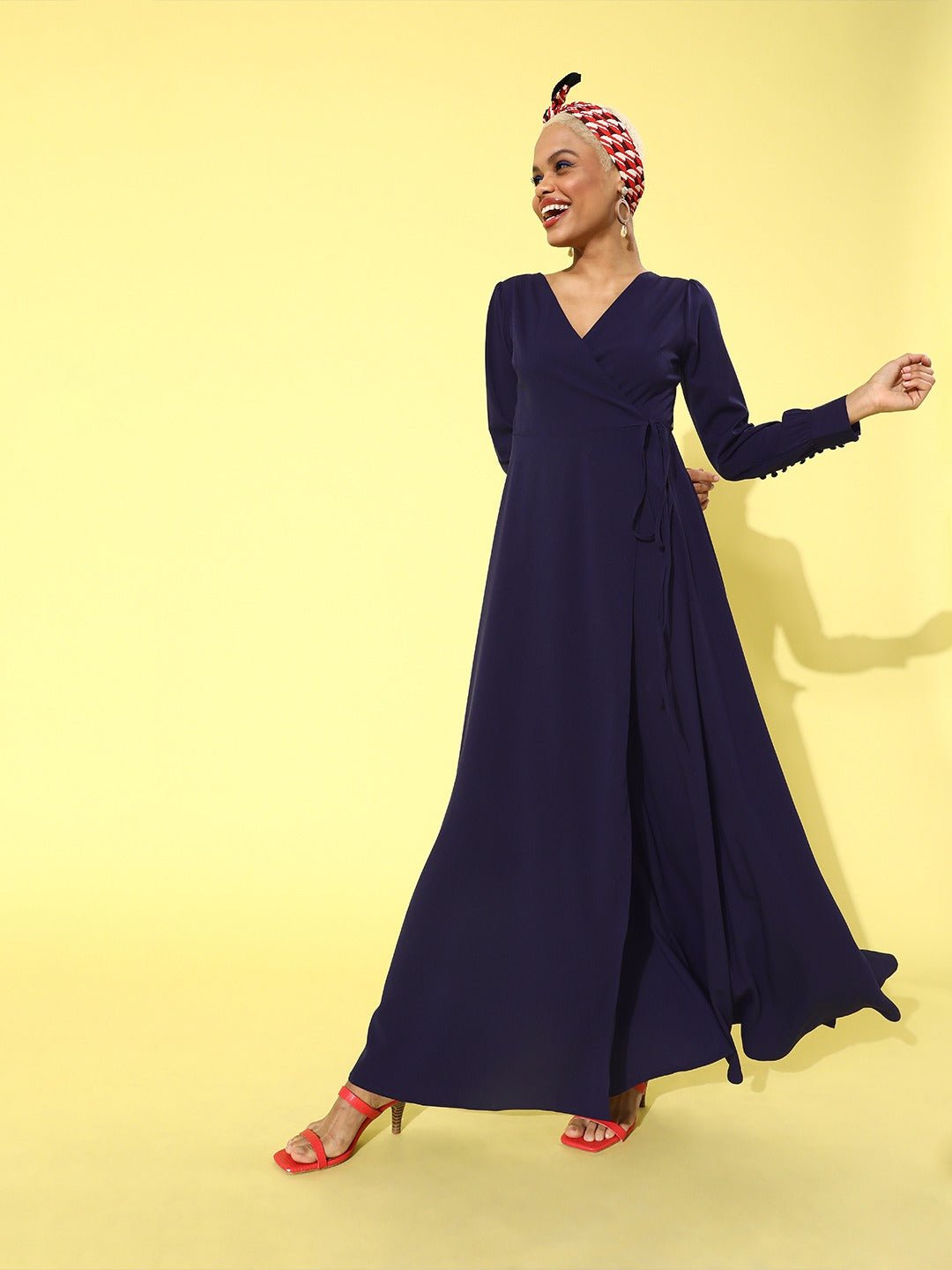Folk Republic Women Solid Navy Blue V-Neck Cuffed Sleeves Maxi Dress - #folk republic#
