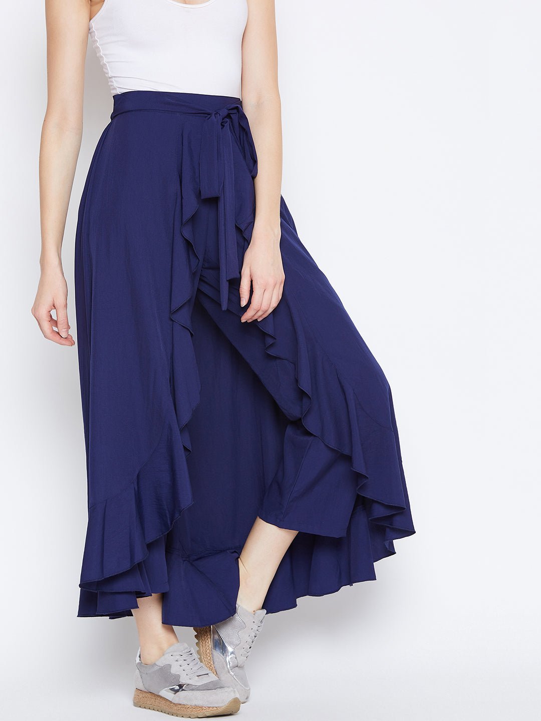 Folk Republic Women Solid Navy Blue Waist Tie-Up High-Low Flared Maxi Skirt with Attached Trousers - #folk republic#