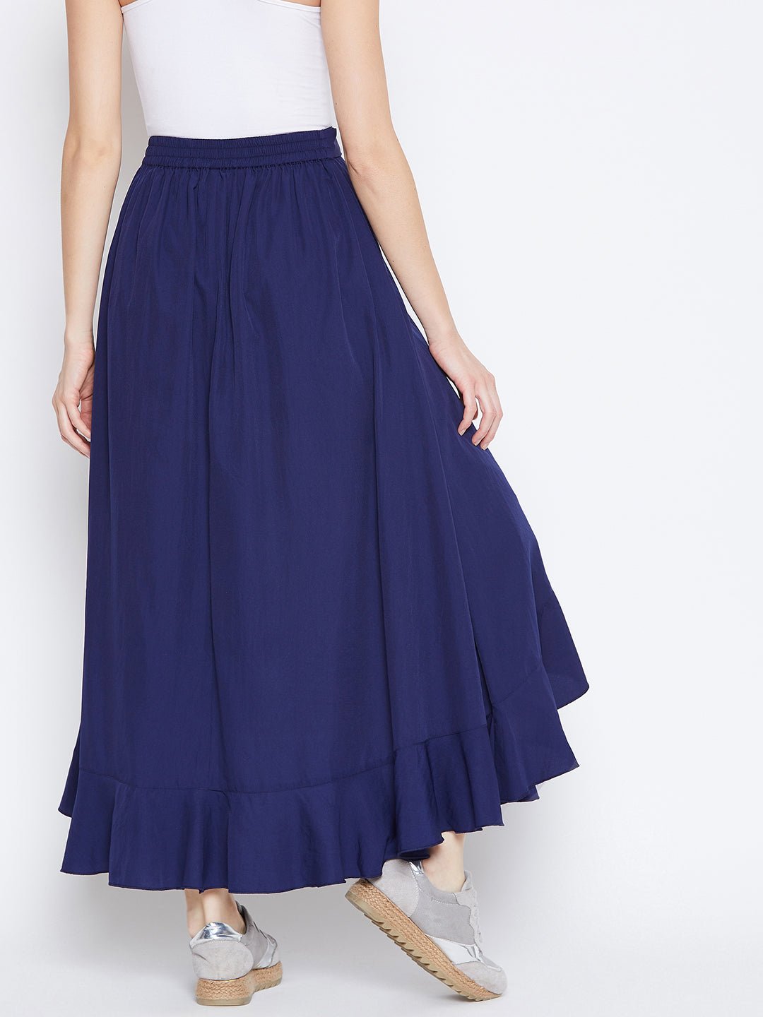 Folk Republic Women Solid Navy Blue Waist Tie-Up High-Low Flared Maxi Skirt with Attached Trousers - #folk republic#