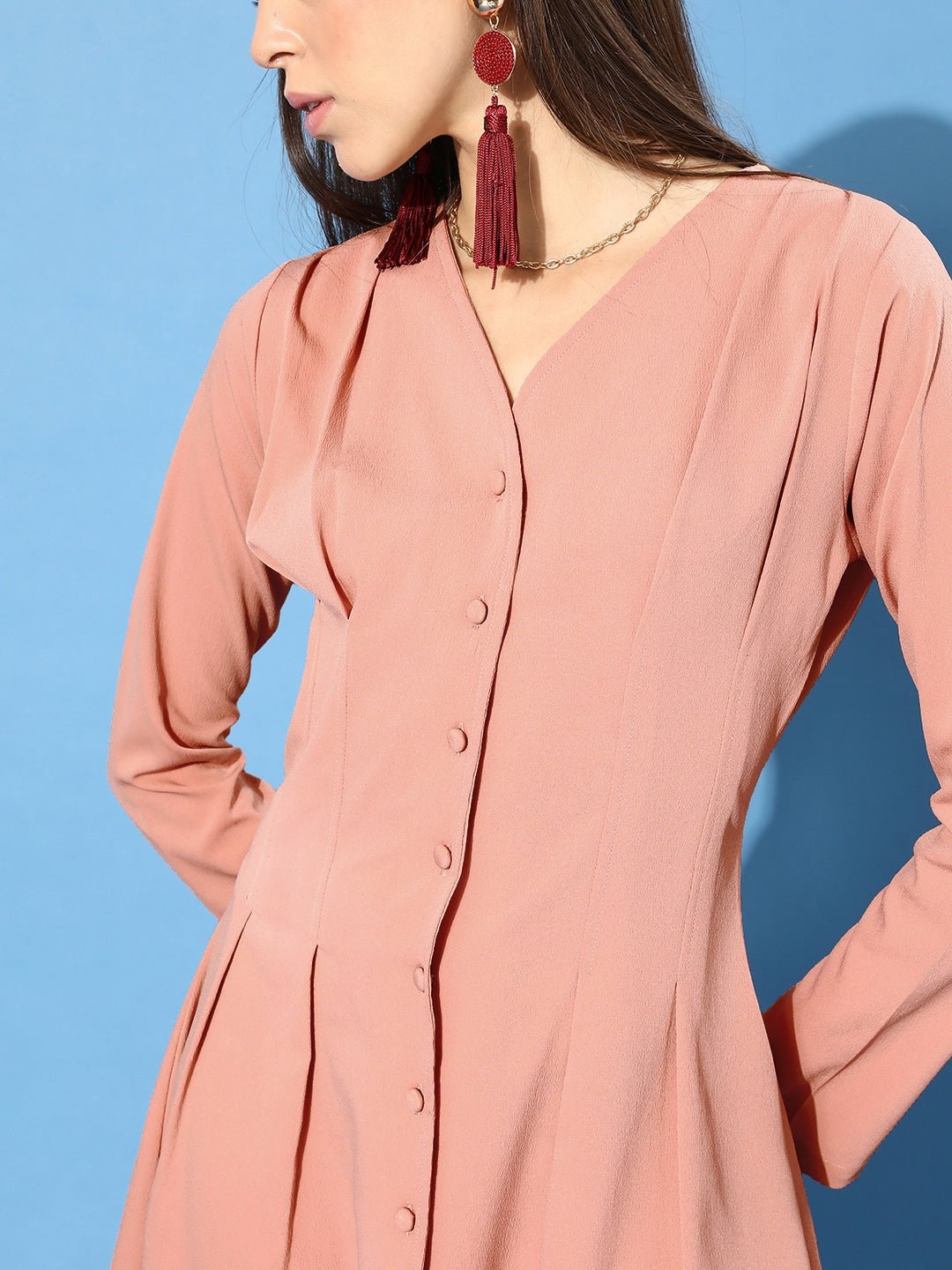 Folk Republic Women Solid Peach Front Button Crepe Shirt Mini Dress - #folk republic#