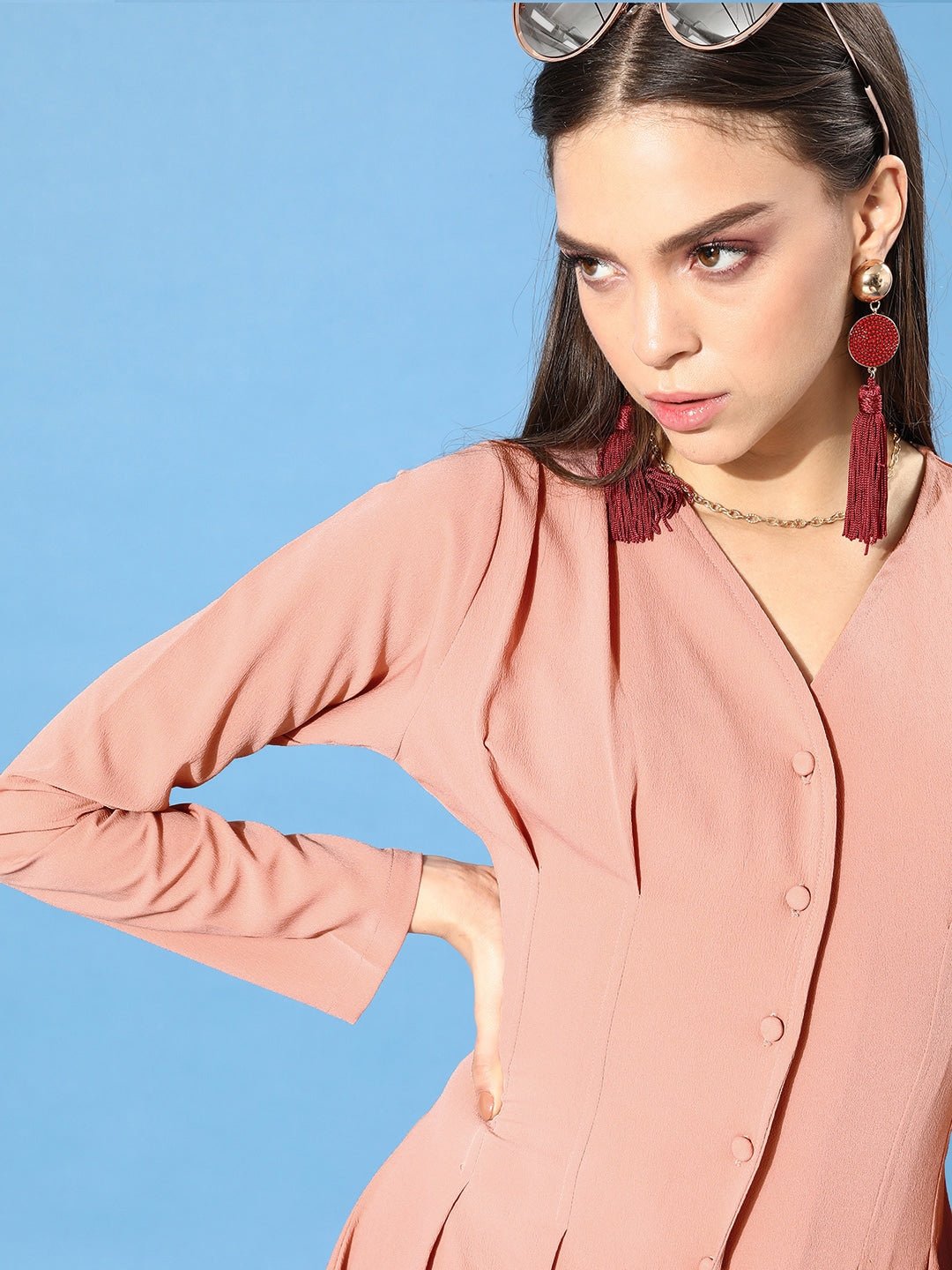 Folk Republic Women Solid Peach Front Button Crepe Shirt Mini Dress - #folk republic#