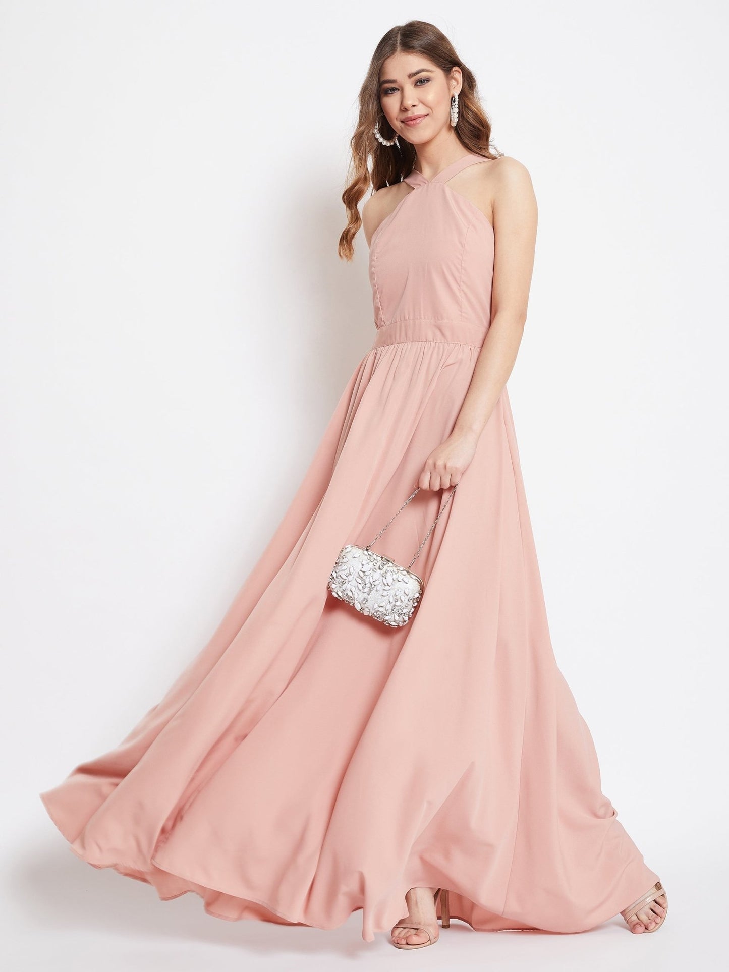 Folk Republic Women Solid Pink Blush Halter Neck Flared Maxi Dress - #folk republic#