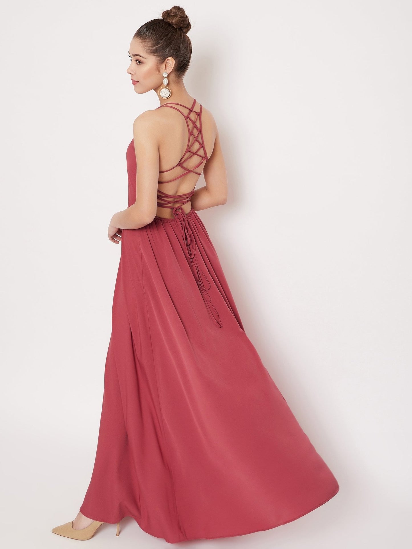 Folk Republic Women Solid Pink Caged Back Halter Neck Maxi Dress - #folk republic#