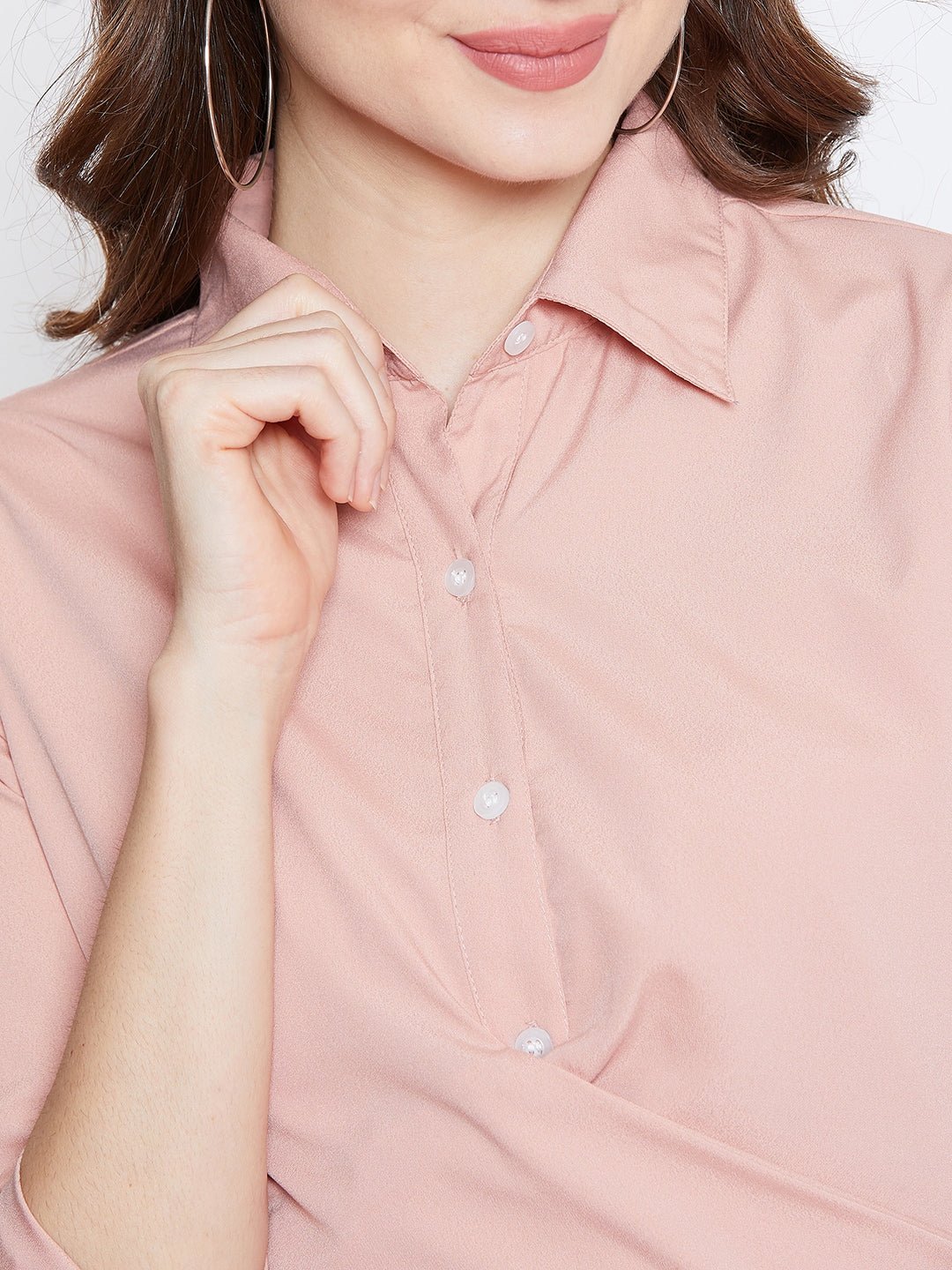 Folk Republic Women Solid Pink Collared Neck Button-Up Curved Midi Shirt Dress - #folk republic#