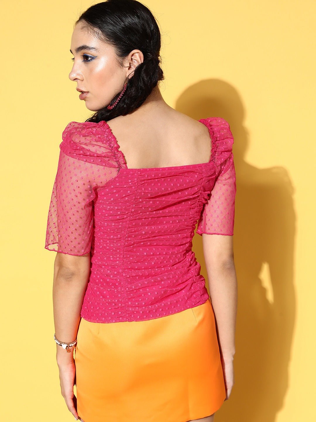 Folk Republic Women Solid Pink Dobby Weave Square Neck Puff Sleeve Ruched Regular Top - #folk republic#