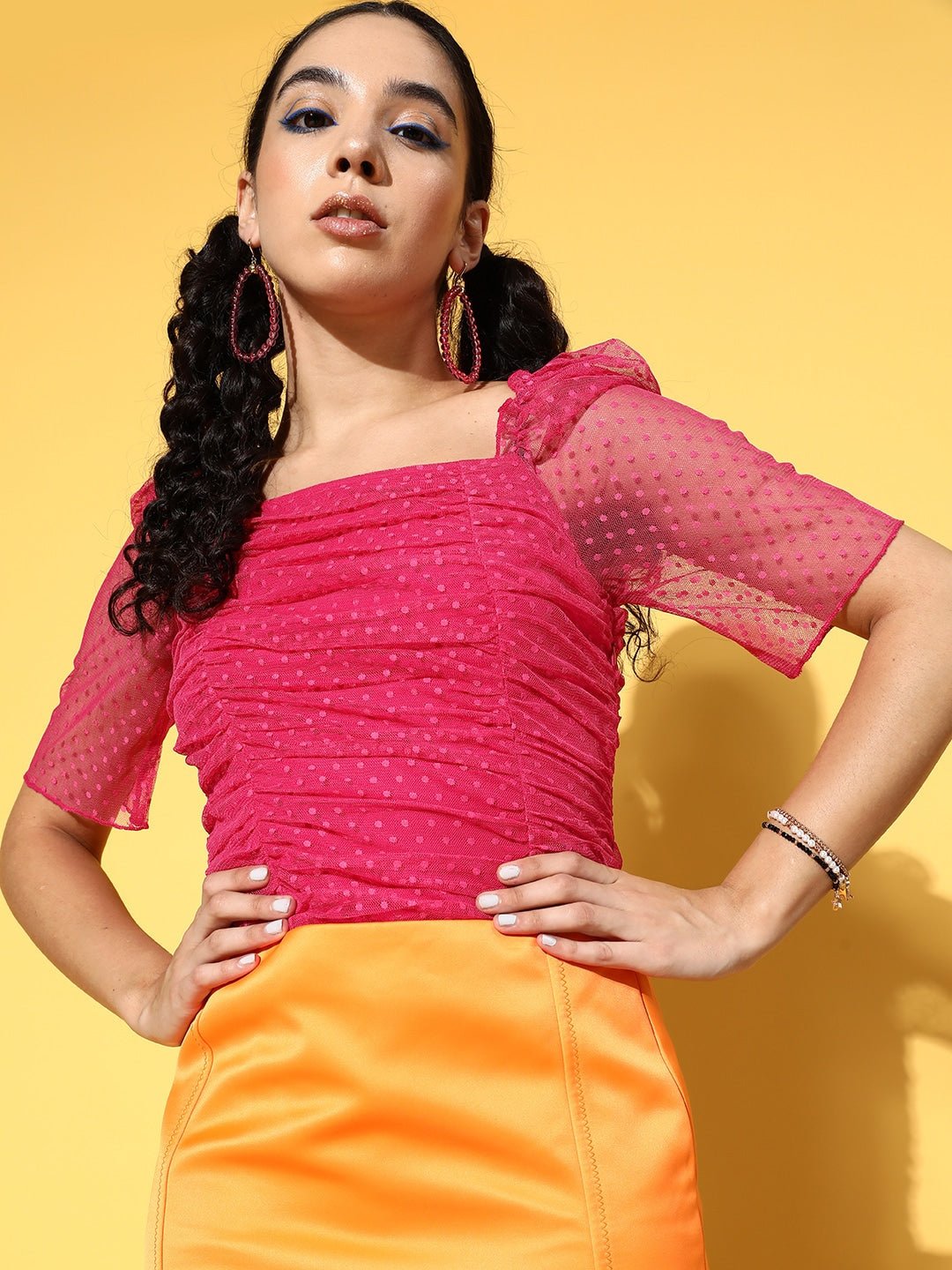 Folk Republic Women Solid Pink Dobby Weave Square Neck Puff Sleeve Ruched Regular Top - #folk republic#