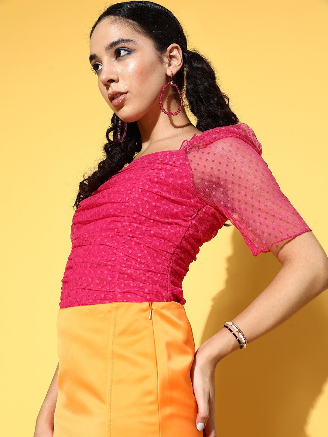Folk Republic Women Solid Pink Dobby Weave Square Neck Puff Sleeve Ruched Regular Top - #folk republic#