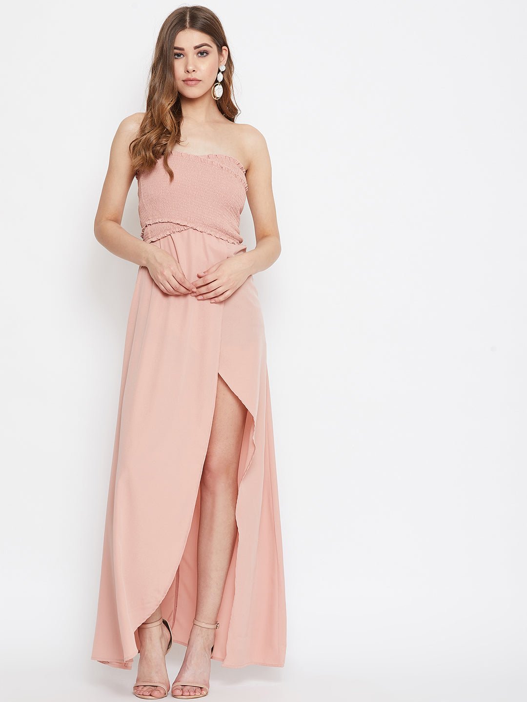 Folk Republic Women Solid Pink Strapless-Neck Smocked Fit & Flare Maxi Dress - #folk republic#