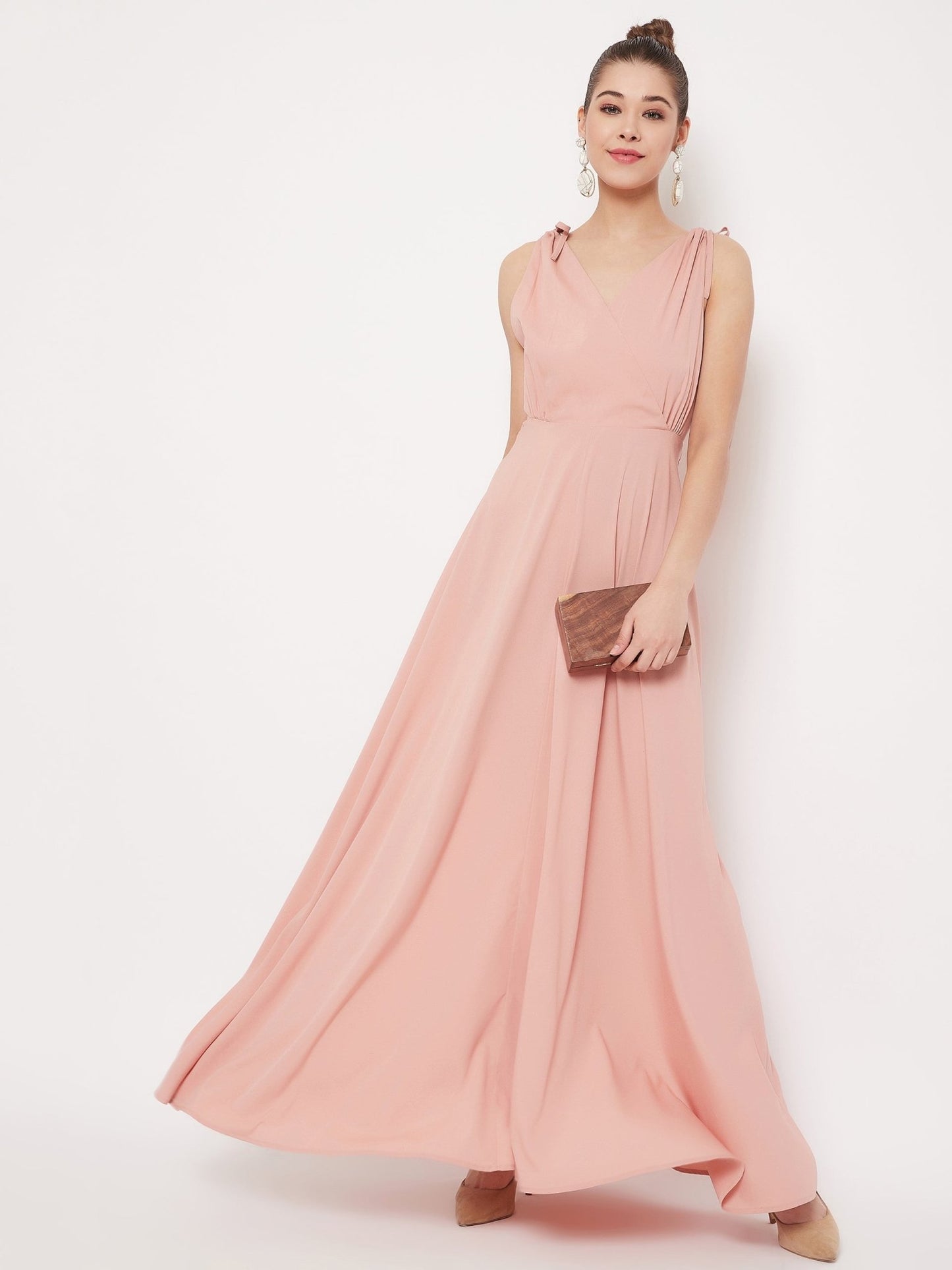 Folk Republic Women Solid Pink V-Neck Tie-Up Strap Low Back Flared Maxi Dress - #folk republic#