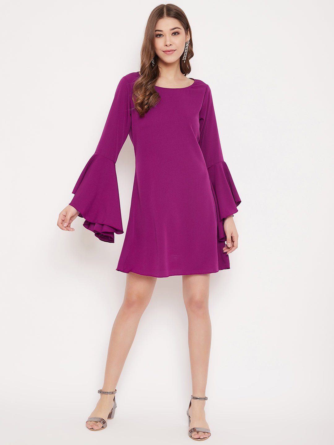 Folk Republic Women Solid Purple Bell Sleeves A-Line Mini Dress - #folk republic#