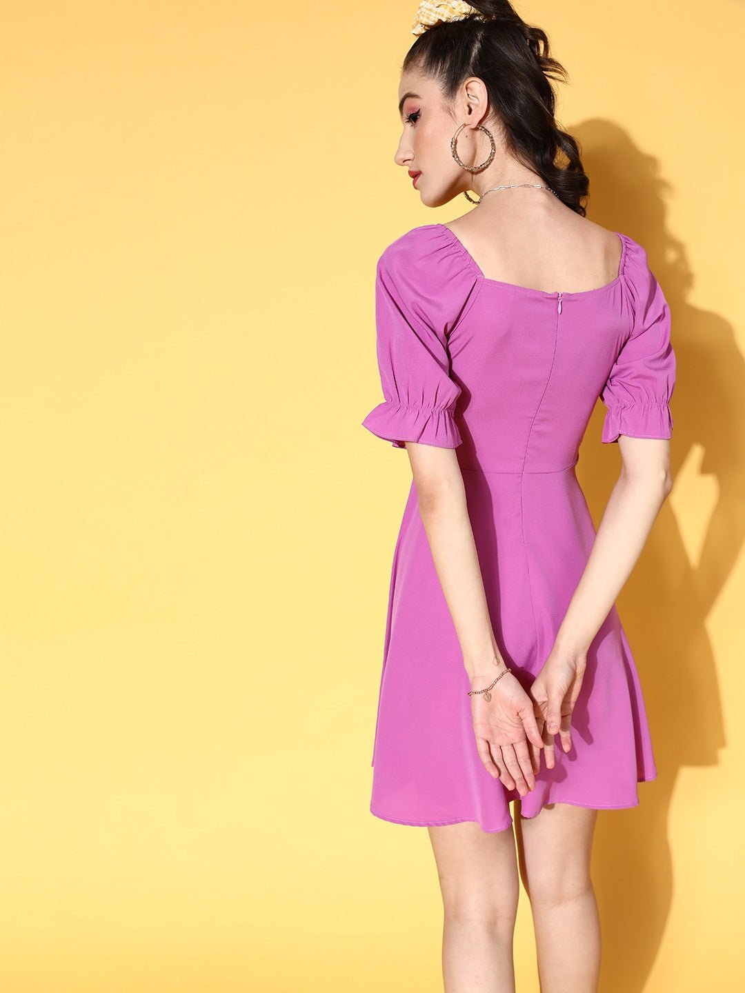 Folk Republic Women Solid Purple Puff Sleeve Crepe Fit & Flare Mini Dress - #folk republic#