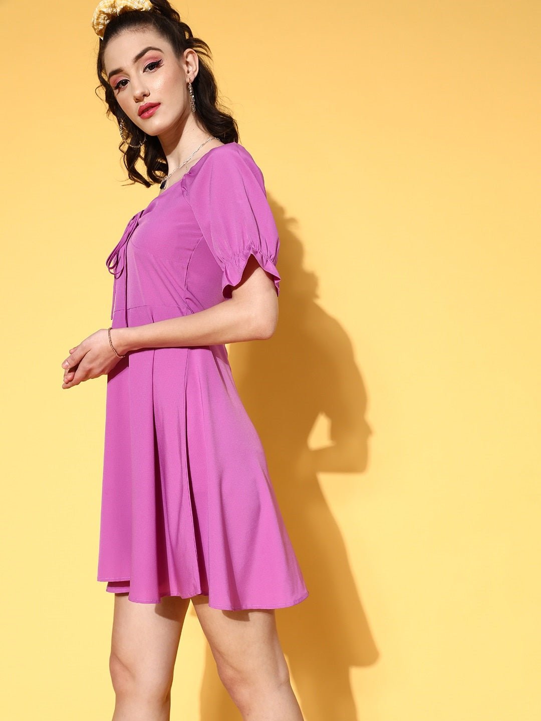 Folk Republic Women Solid Purple Puff Sleeve Crepe Fit & Flare Mini Dress - #folk republic#