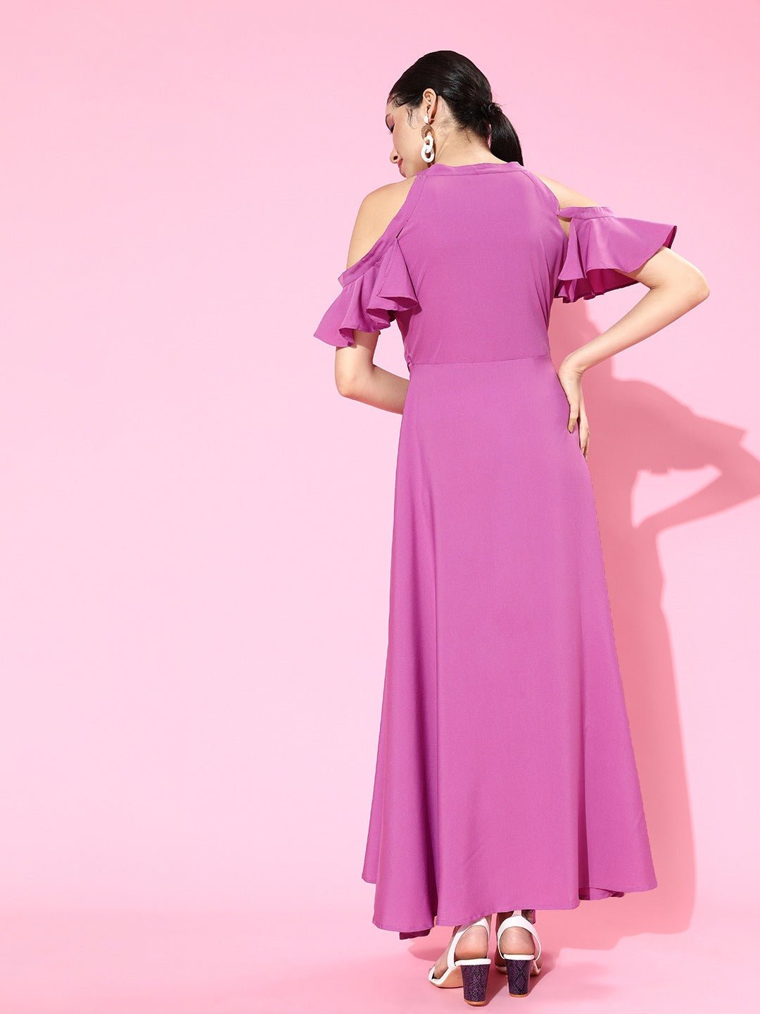 Folk Republic Women Solid Purple V-Neck Cold-Shoulder Waist Tie-Up Flared Maxi Dress - #folk republic#