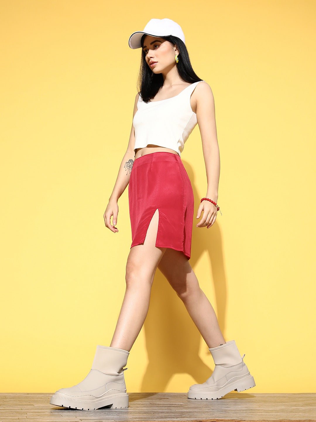 Folk Republic Women Solid Red Satin Finish Front Slit Straight Hem A-Line Mini Skirt - #folk republic#