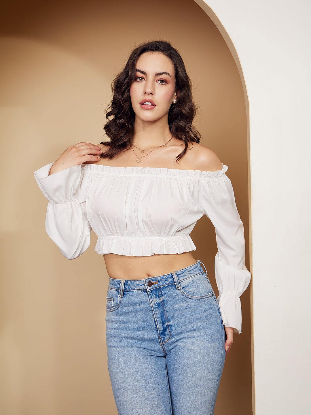 Folk Republic Women Solid White Off-Shoulder Neck Bishop Sleeves Crepe Pleated Crop Bardot Top - #folk republic#