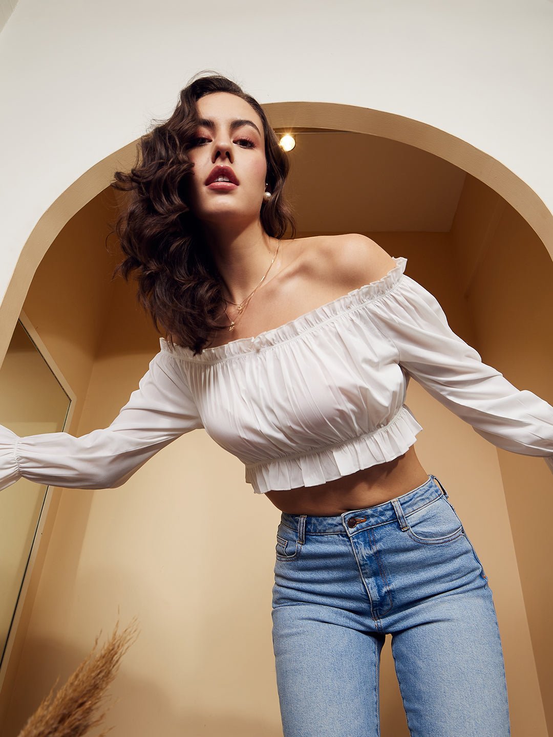 Folk Republic Women Solid White Off-Shoulder Neck Bishop Sleeves Crepe Pleated Crop Bardot Top - #folk republic#