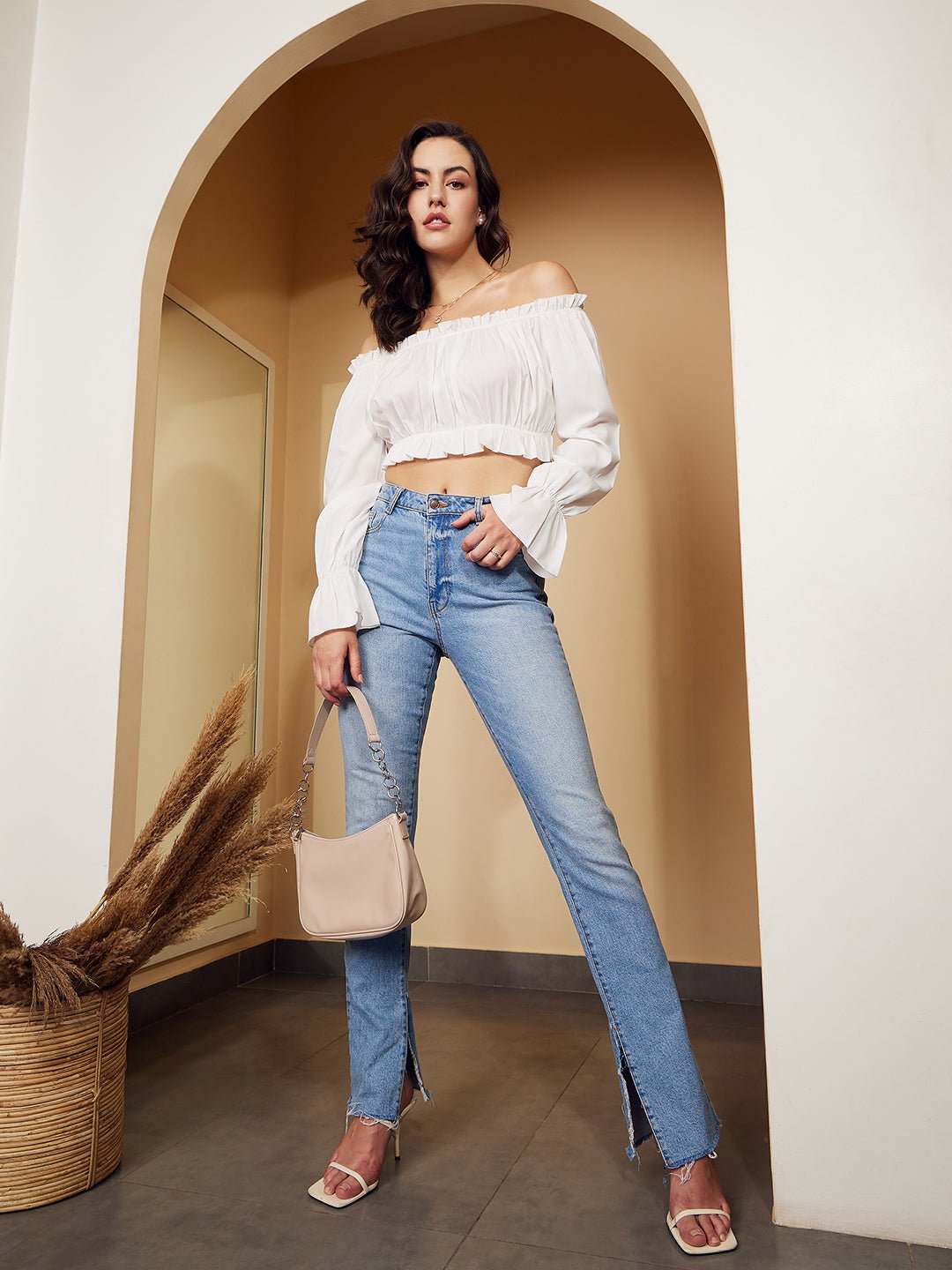 Folk Republic Women Solid White Off-Shoulder Neck Bishop Sleeves Crepe Pleated Crop Bardot Top - #folk republic#